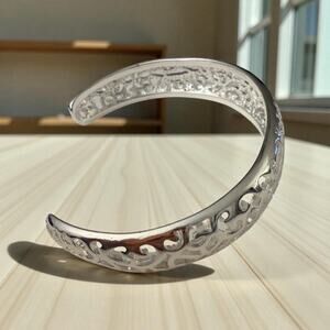 Silver-Tone Filigree Bangle, Stamped S925, Open Cuff, Fits 6-8" Writs